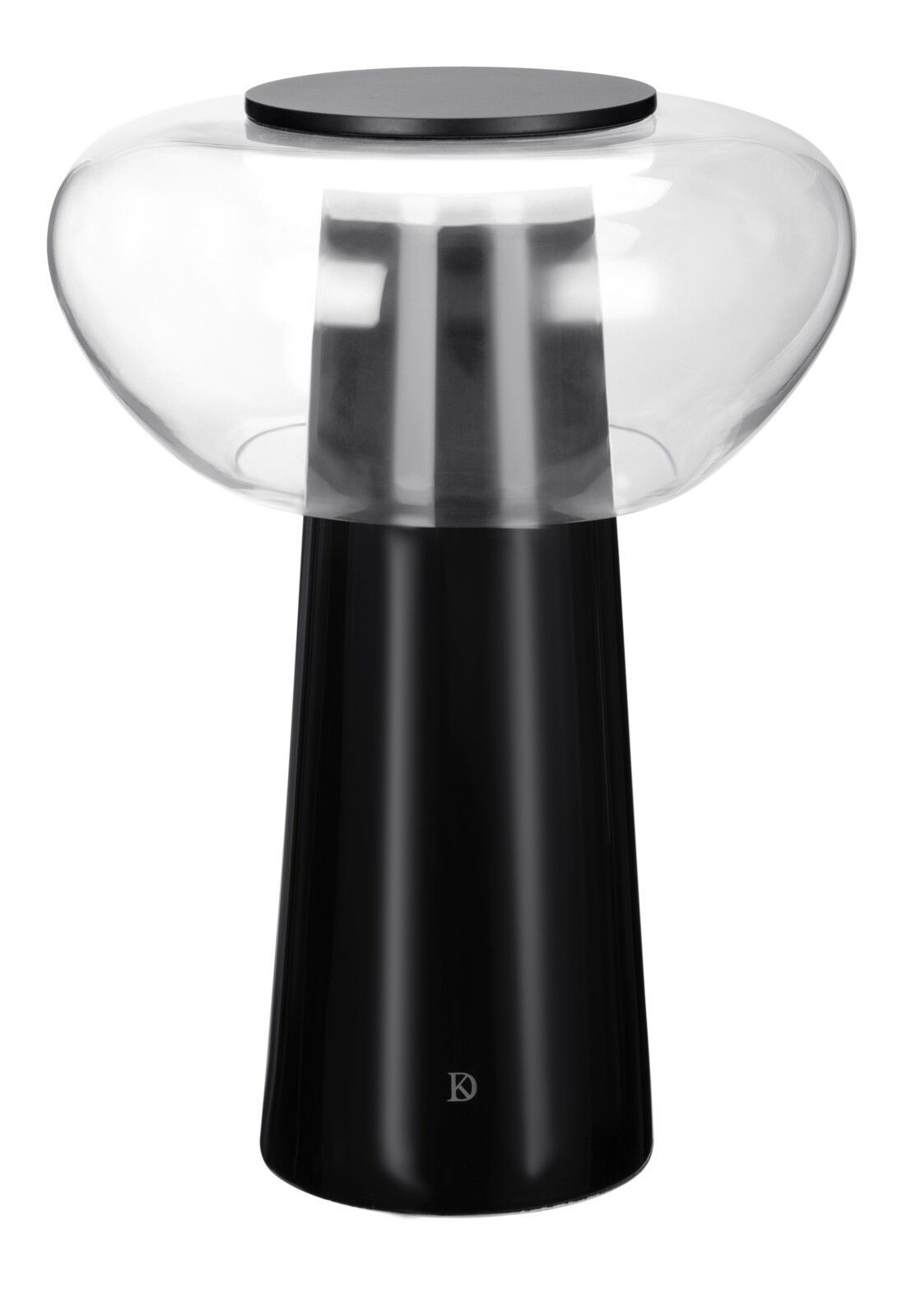 Moderne LED-Tischleuchte mit schwarzem Sockel und transparentem Lampenschirm, seitliche Perspektive
