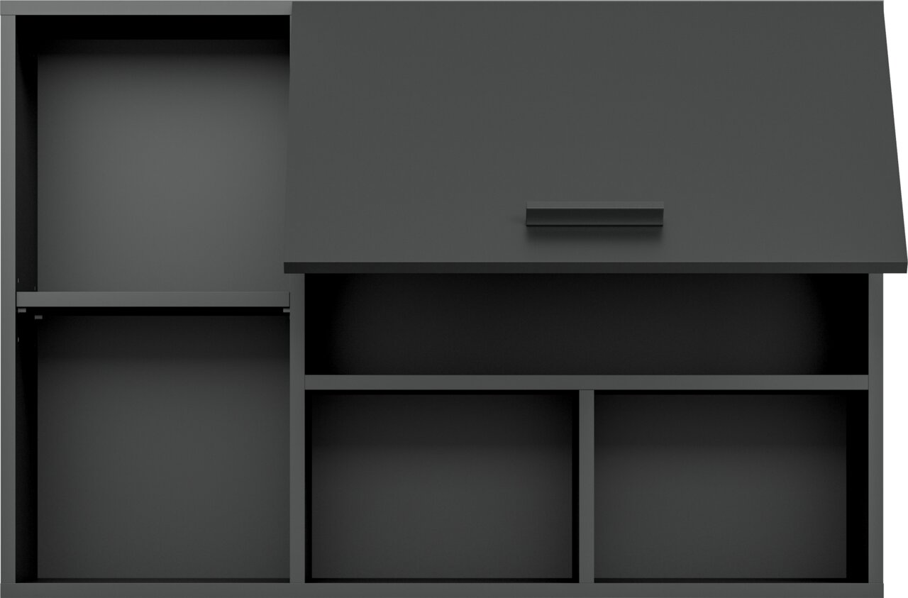 Dunkelgraues Sideboard/Schrankmöbel mit Schiebetür und offenen Fächern, frontale Ansicht