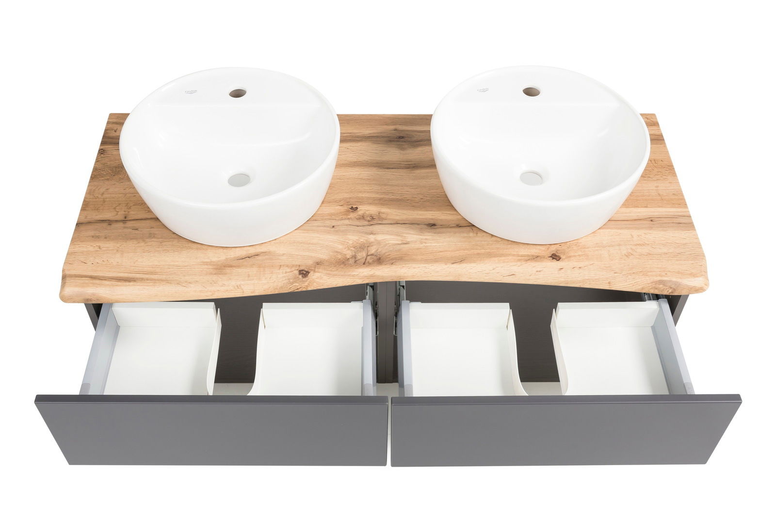 Doppelwaschtisch-Set mit zwei runden, weißen Waschbecken auf einer Holzplatte und zwei offenen Schubladen, Ansicht von oben
