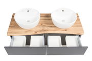 Doppelwaschtisch-Set mit zwei runden, weißen Waschbecken auf einer Holzplatte und zwei offenen Schubladen, Ansicht von oben