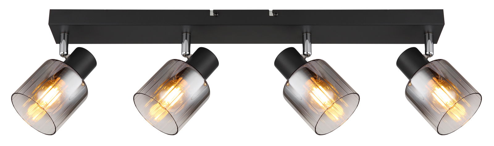 Moderner Deckenstrahler mit vier verstellbaren Leuchten in schwarzem Design, seitliche Perspektive.