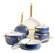 Sechsteiliges Topfset in Blau mit goldenen Griffen, bestehend aus Töpfen und Pfannen mit Glasdeckeln, aus einer frontalen Perspektive fotografiert.