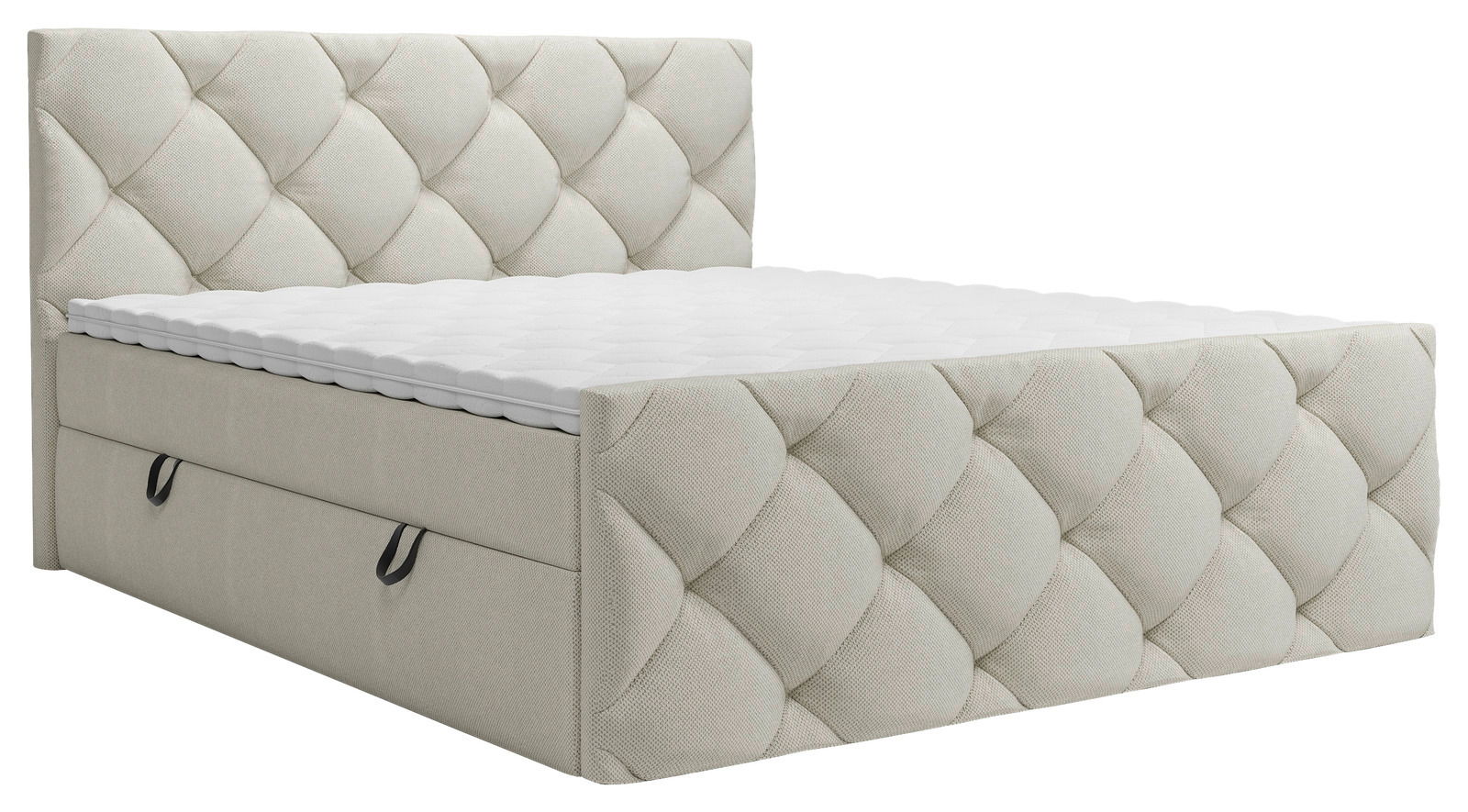 Z2 Boxbett Pedro Beiges Boxbett mit gestepptem Kopfteil und Stauraum, seitliche Perspektive