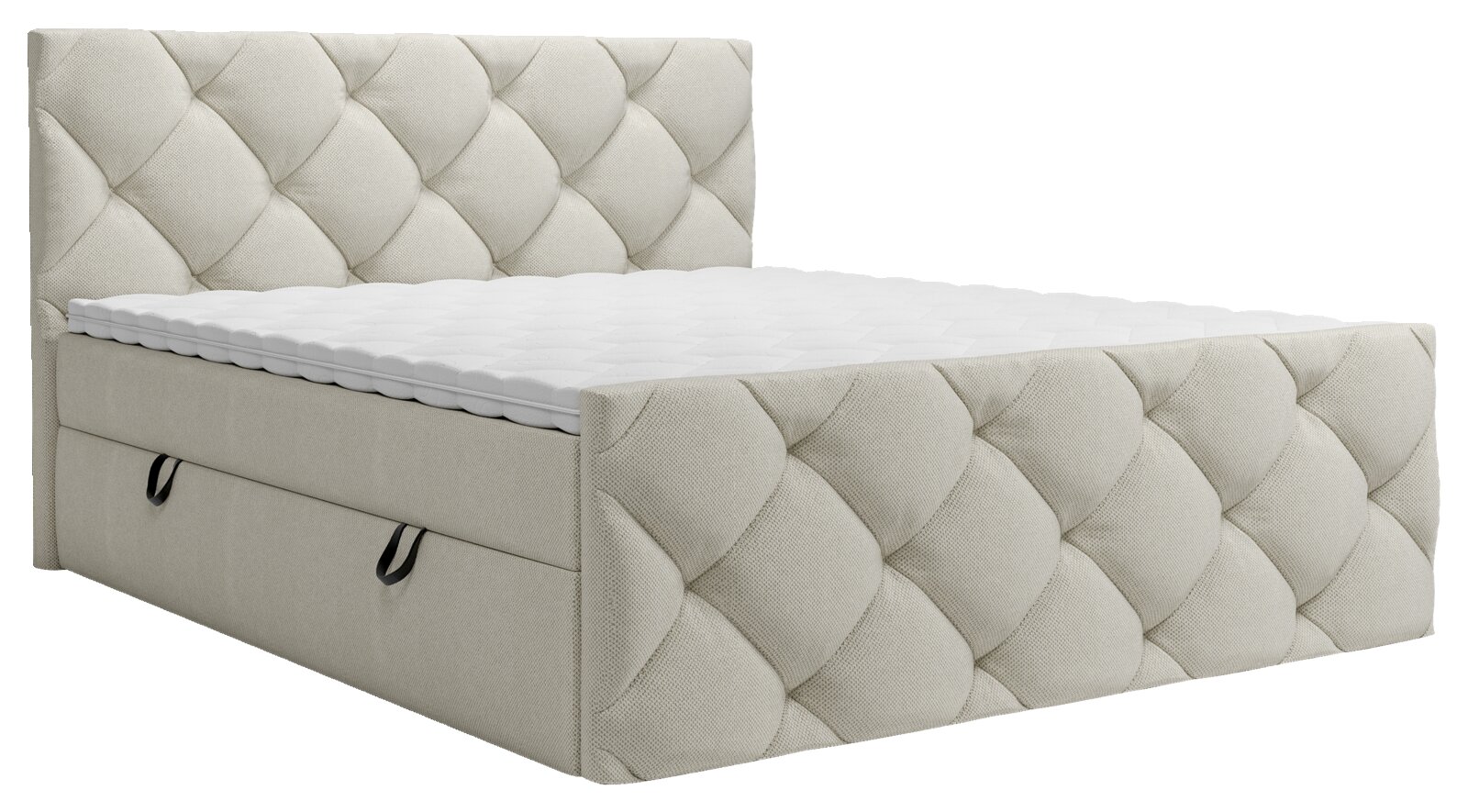 Z2 Boxbett Pedro Beiges Boxbett mit gestepptem Kopfteil und Stauraum, seitliche Perspektive