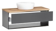 Waschtisch-Set mit weißem Aufsatzwaschbecken auf einer Holzplatte und grauer Schublade, seitliche Perspektive