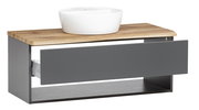 Waschtisch-Set mit weißem Aufsatzwaschbecken auf einer Holzplatte und grauer Schublade, seitliche Perspektive