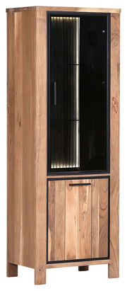 Vitrine aus Holz mit Glastür und Beleuchtung, seitliche Perspektive