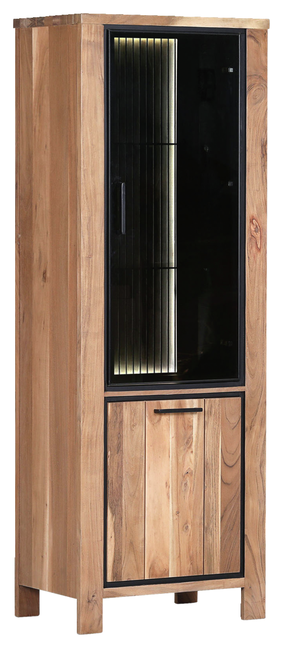 Vitrine aus Holz mit Glastür und Beleuchtung, seitliche Perspektive