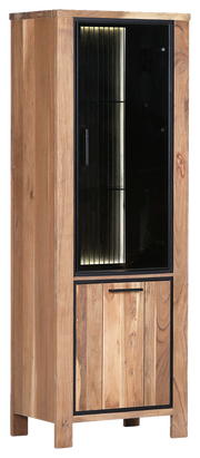 Vitrine aus Holz mit Glastür und Beleuchtung, seitliche Perspektive