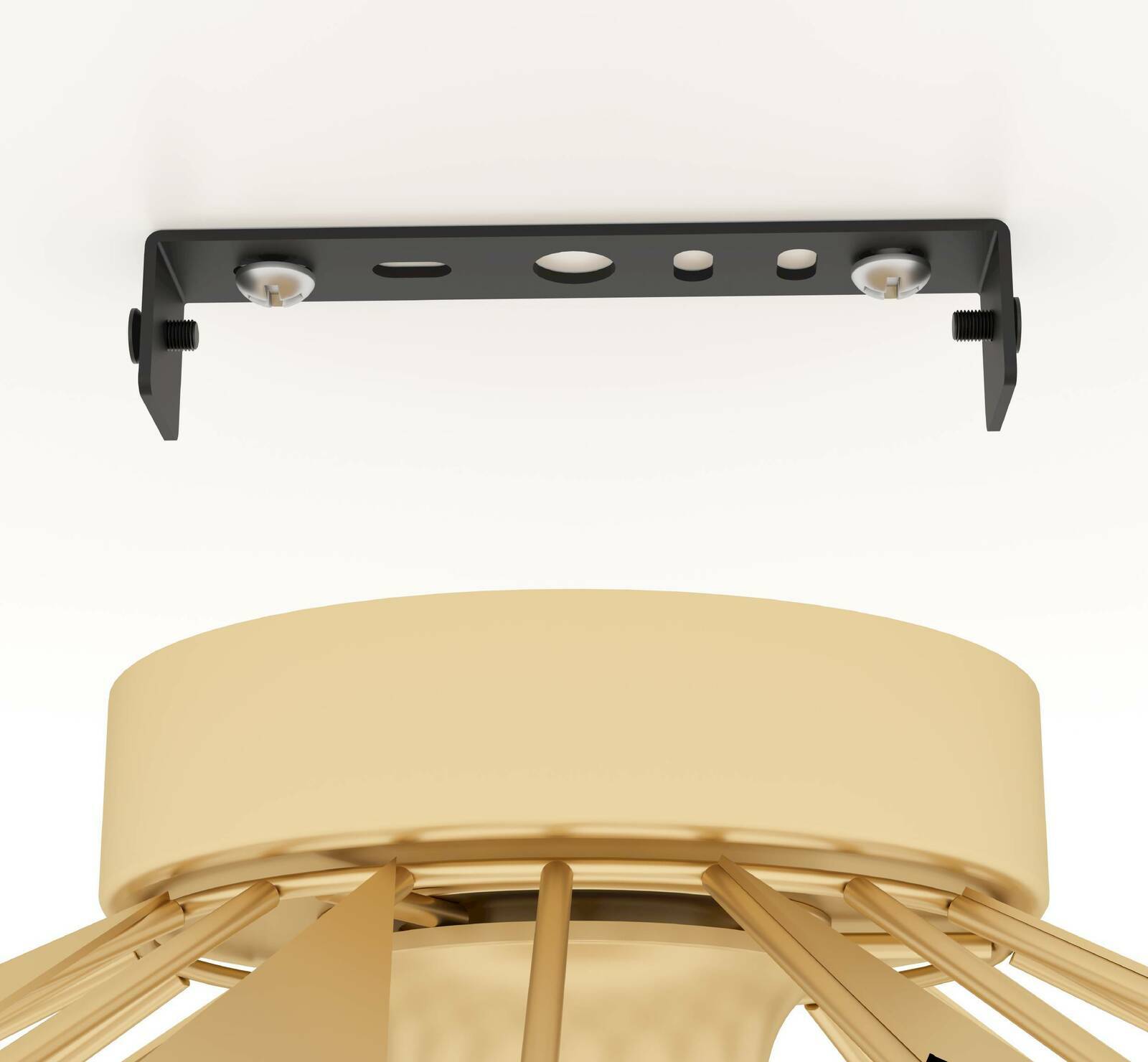 Nahaufnahme der Deckenleuchte CARLTON von unten, mit goldenen Streben und schwarzer Halterung.