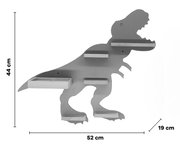 Seitliche Frontansicht eines grauen, dinosaurierförmigen Wandregals (T-Rex) mit mehreren kleinen Holzablagen und einer Box, Maße ca. 52 cm breit, 44 cm hoch und 19 cm tief.