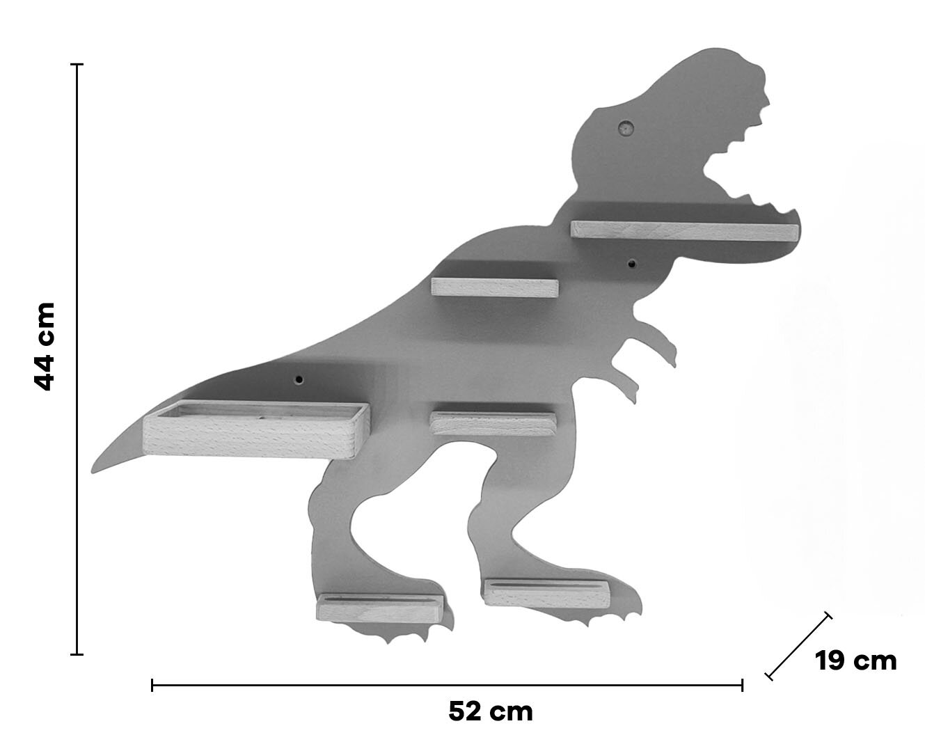 Seitliche Frontansicht eines grauen, dinosaurierförmigen Wandregals (T-Rex) mit mehreren kleinen Holzablagen und einer Box, Maße ca. 52 cm breit, 44 cm hoch und 19 cm tief.