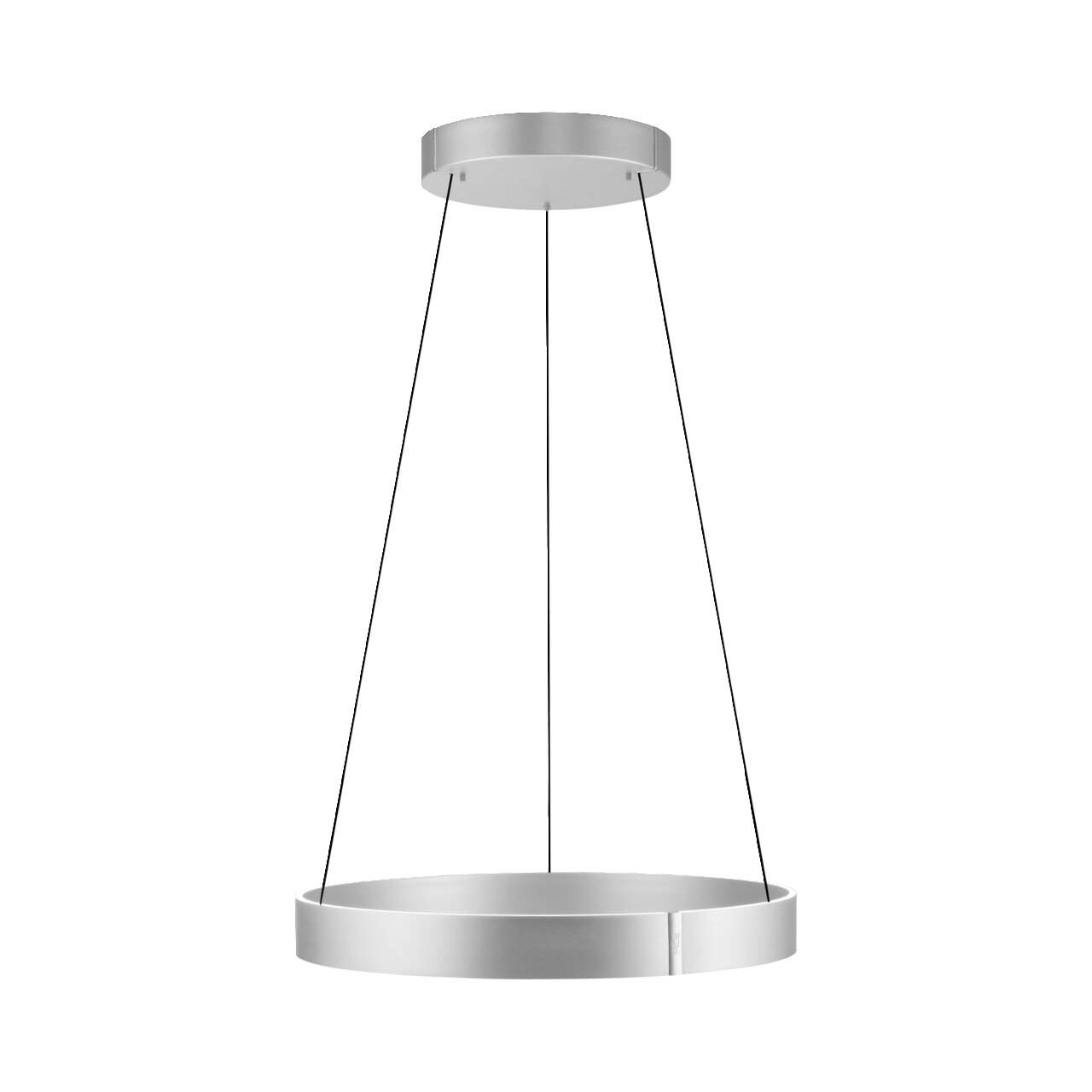 Moderne Pendelleuchte PURE E-CLIPSE in silberner Farbe, von unten betrachtet, mit kreisförmigem Design und drei dünnen Aufhängungen.