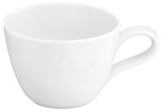 Weiße Kaffeetasse mit Henkel, seitliche Perspektive
