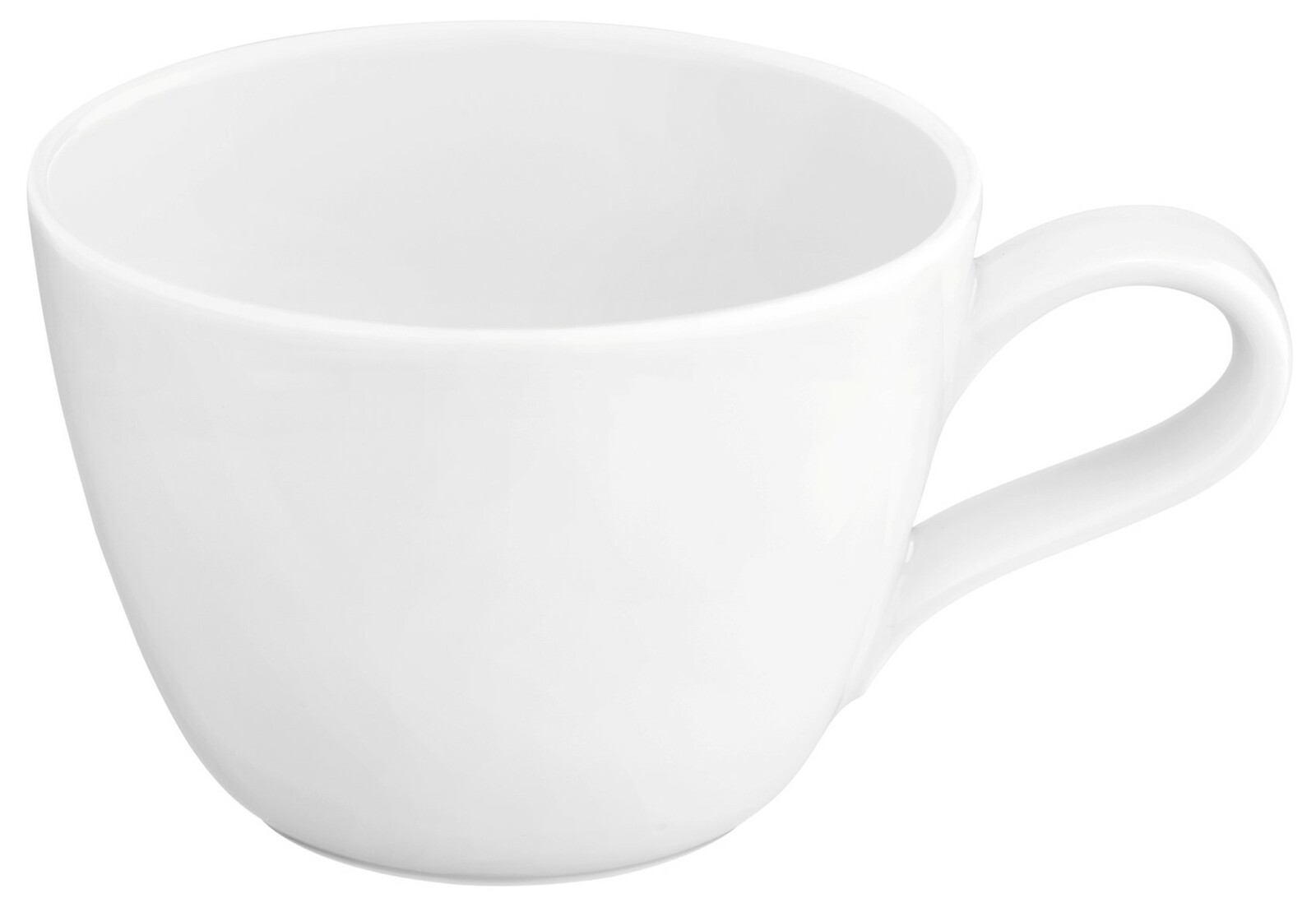 Weiße Kaffeetasse mit Henkel, seitliche Perspektive