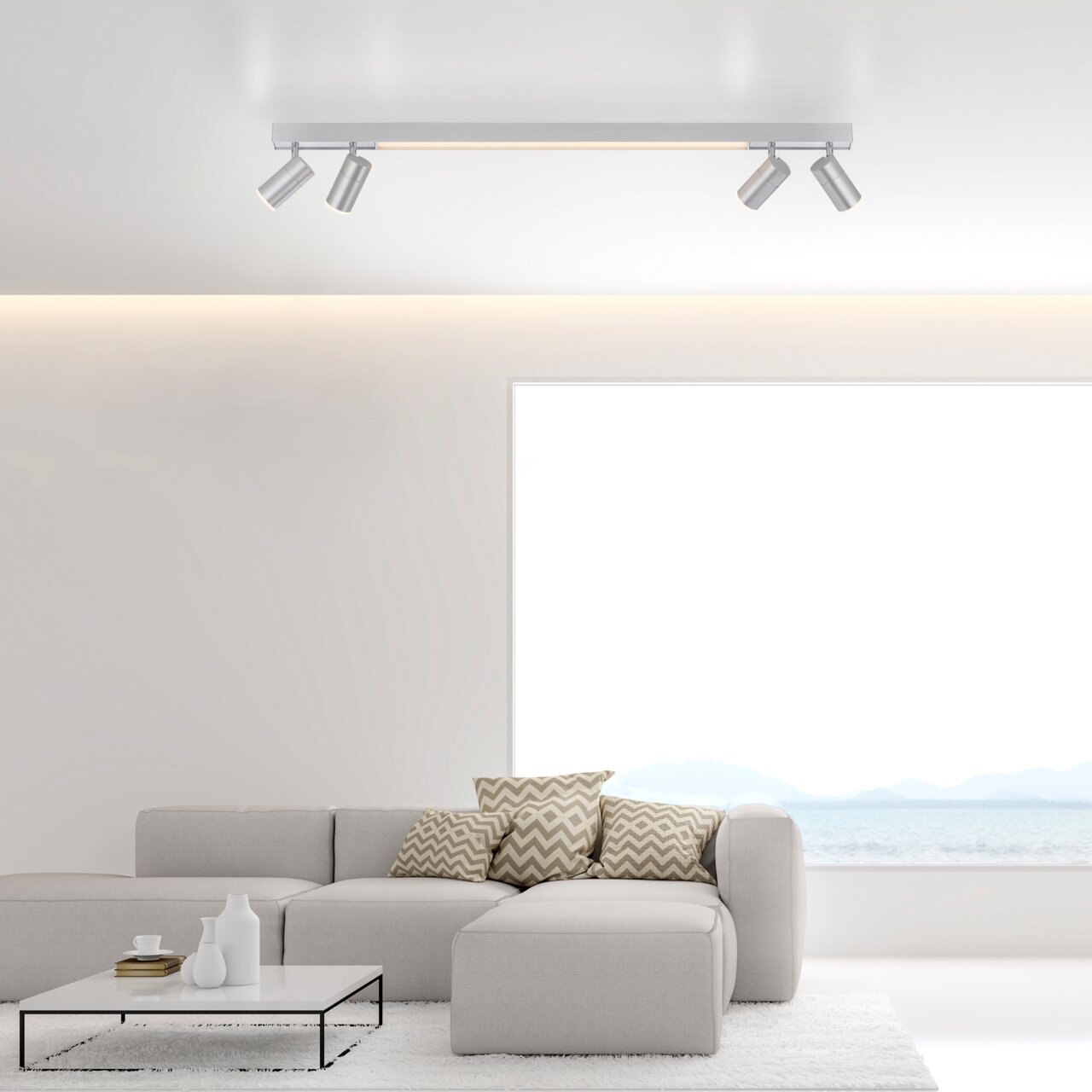 Neuhaus Pure Plafondlamp PURE-LINES Moderne Deckenleuchte PURE-LINES von Paul Neuhaus in einem stilvollen Wohnzimmer, seitliche Perspektive.