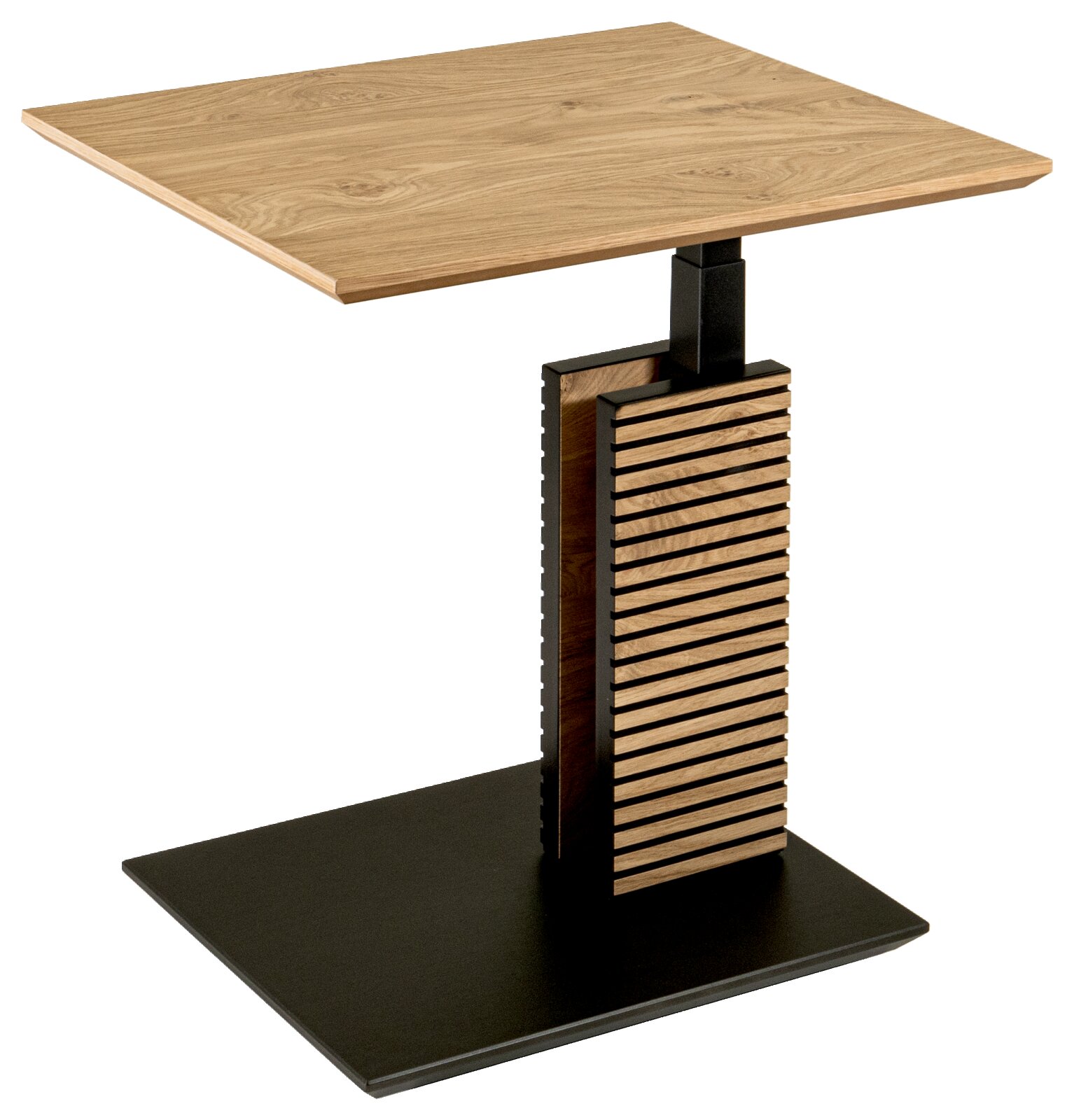 Moderne bijzettafel van hout en metaal, zijaanzicht