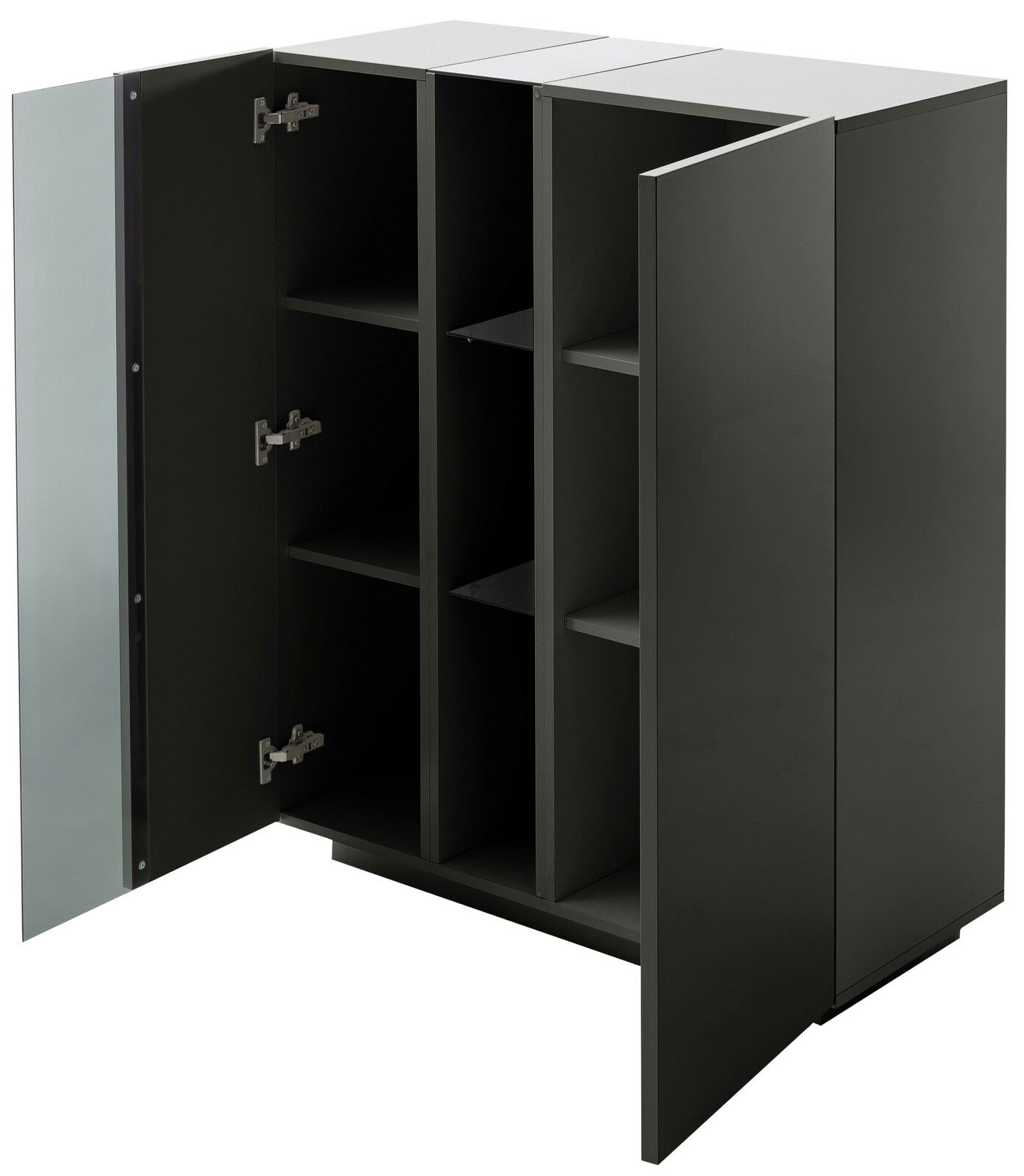 Schwarzes Highboard mit offenen Türen, zeigt mehrere Regalfächer, perspektivisch von vorne links.