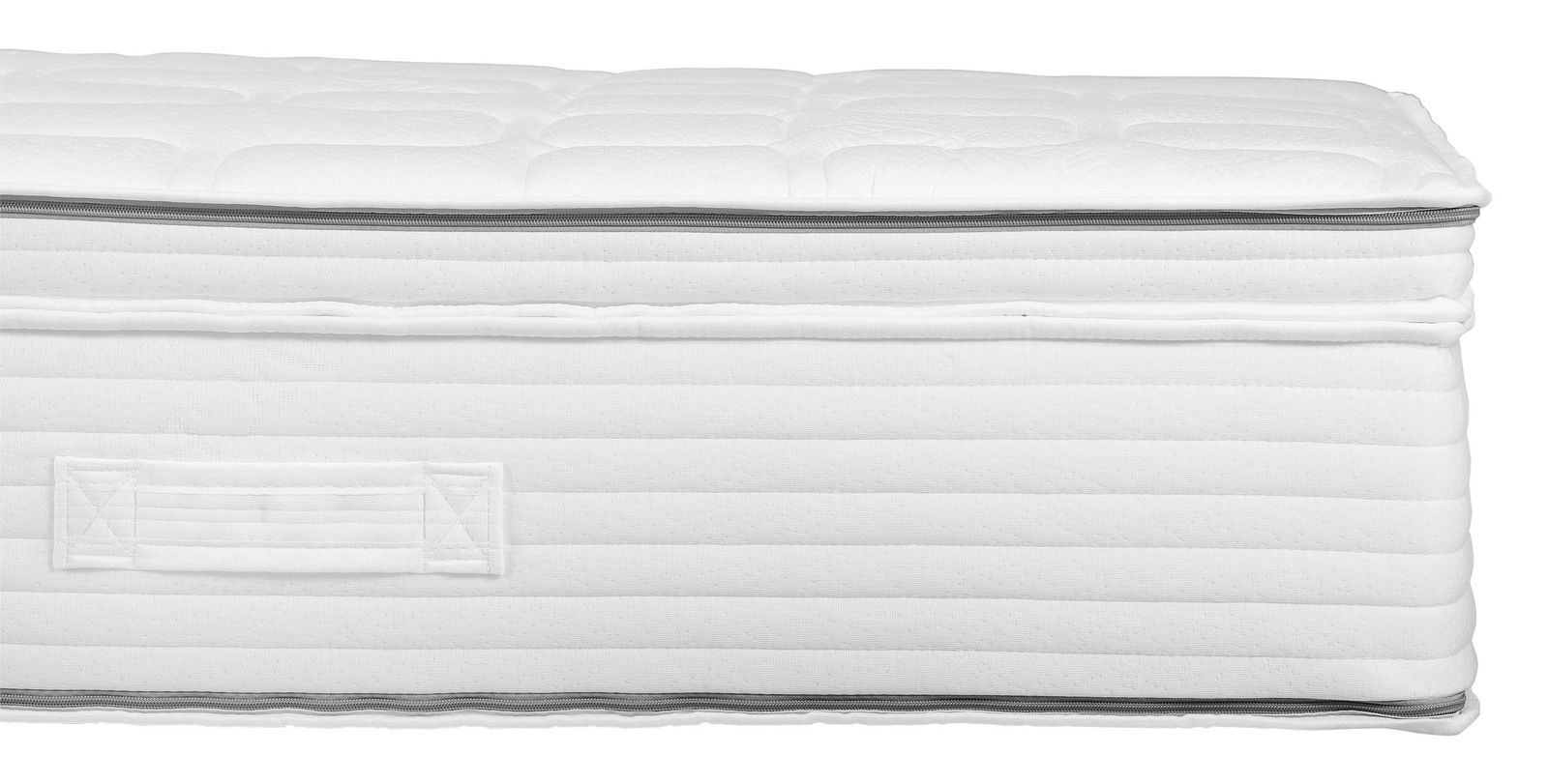 Seitenansicht einer weißen Taschenfederkernmatratze H3 mit gestepptem Bezug und Tragegriff.