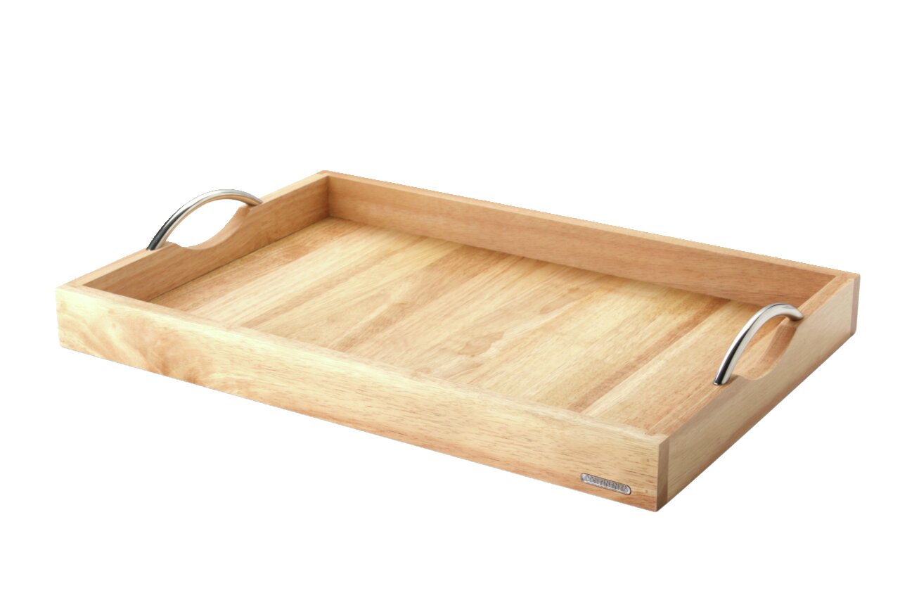 Holztablett mit Metallgriffen, seitliche Perspektive