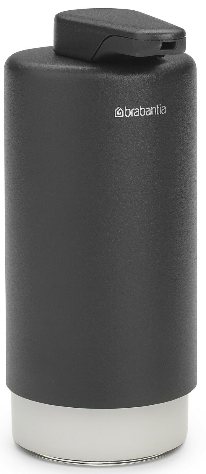 Schwarzer Seifenspender aus Kunststoff, seitliche Perspektive