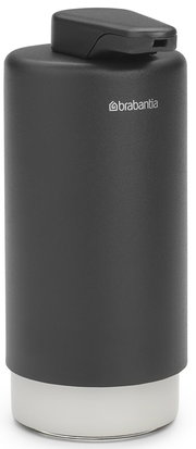 Schwarzer Seifenspender aus Kunststoff, seitliche Perspektive