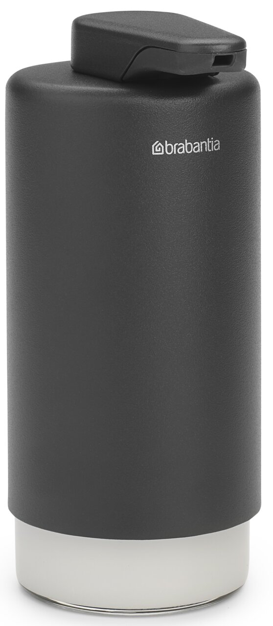 Schwarzer Seifenspender aus Kunststoff, seitliche Perspektive