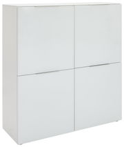 Weißes Highboard mit vier Türen, seitliche Perspektive