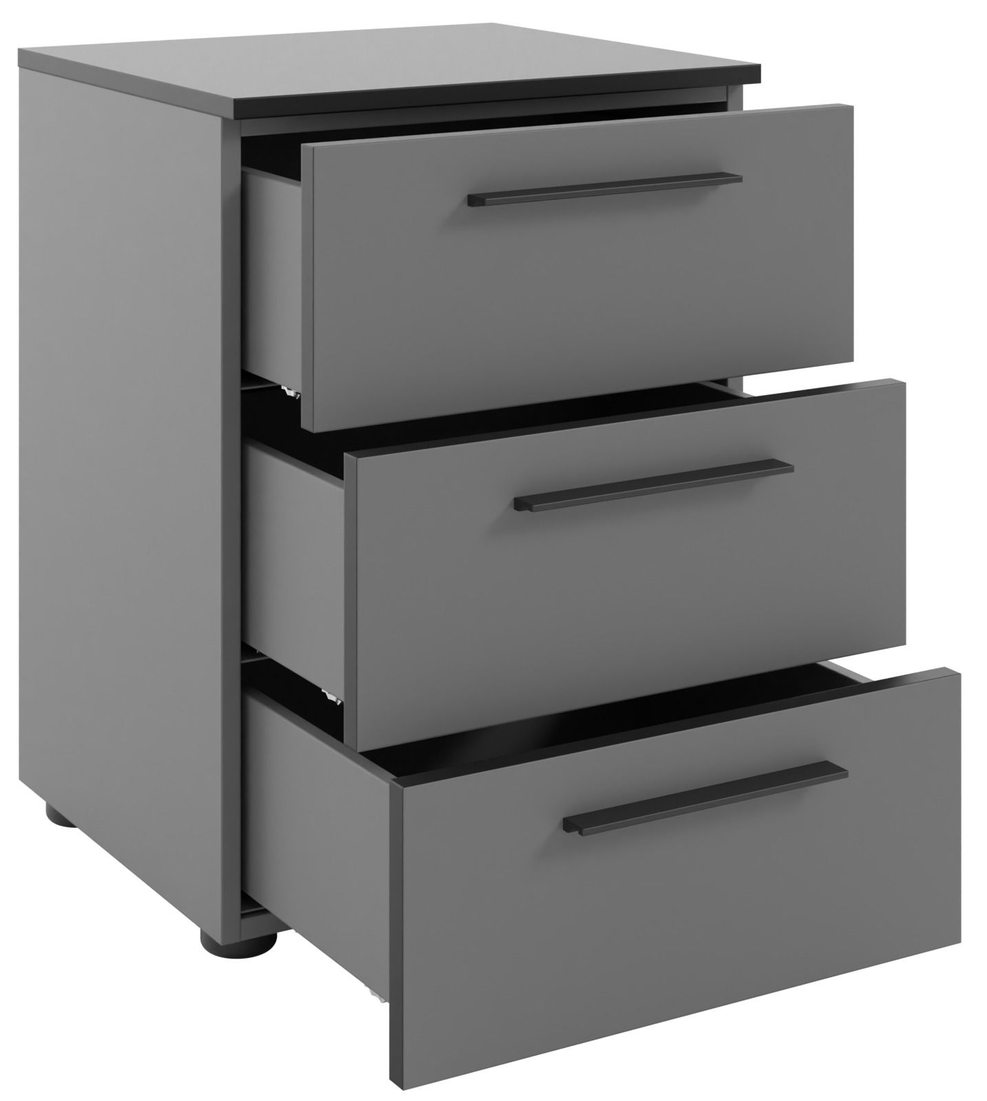 Graue Nachtkommode mit drei offenen Schubladen, seitliche Perspektive
