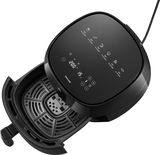Schwarze Heißluftfritteuse mit digitalem Display, geöffnete Schublade, Draufsicht