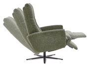 Grüner Relax-Sessel in seitlicher Perspektive mit verstellbarer Rückenlehne und Fußstütze.