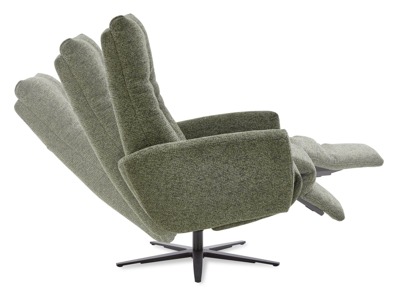 Grüner Relax-Sessel in seitlicher Perspektive mit verstellbarer Rückenlehne und Fußstütze.