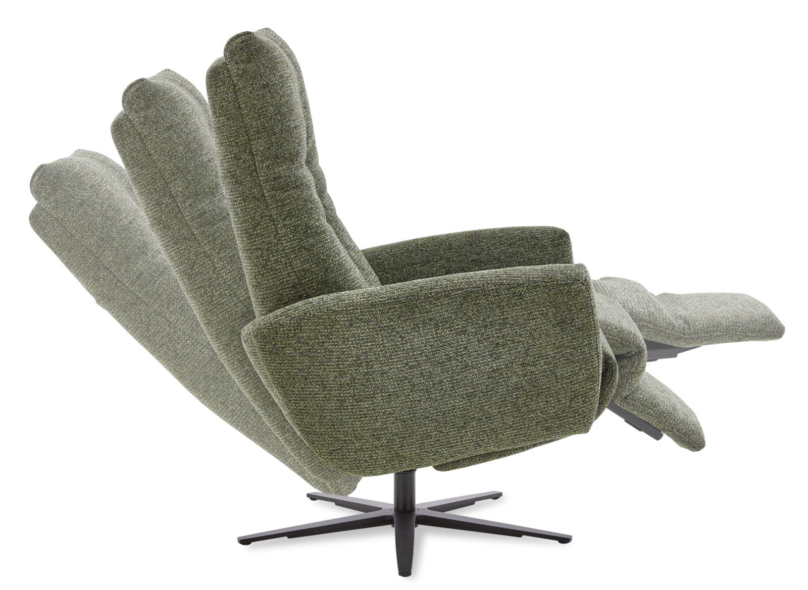 Grüner Relax-Sessel in seitlicher Perspektive mit verstellbarer Rückenlehne und Fußstütze.