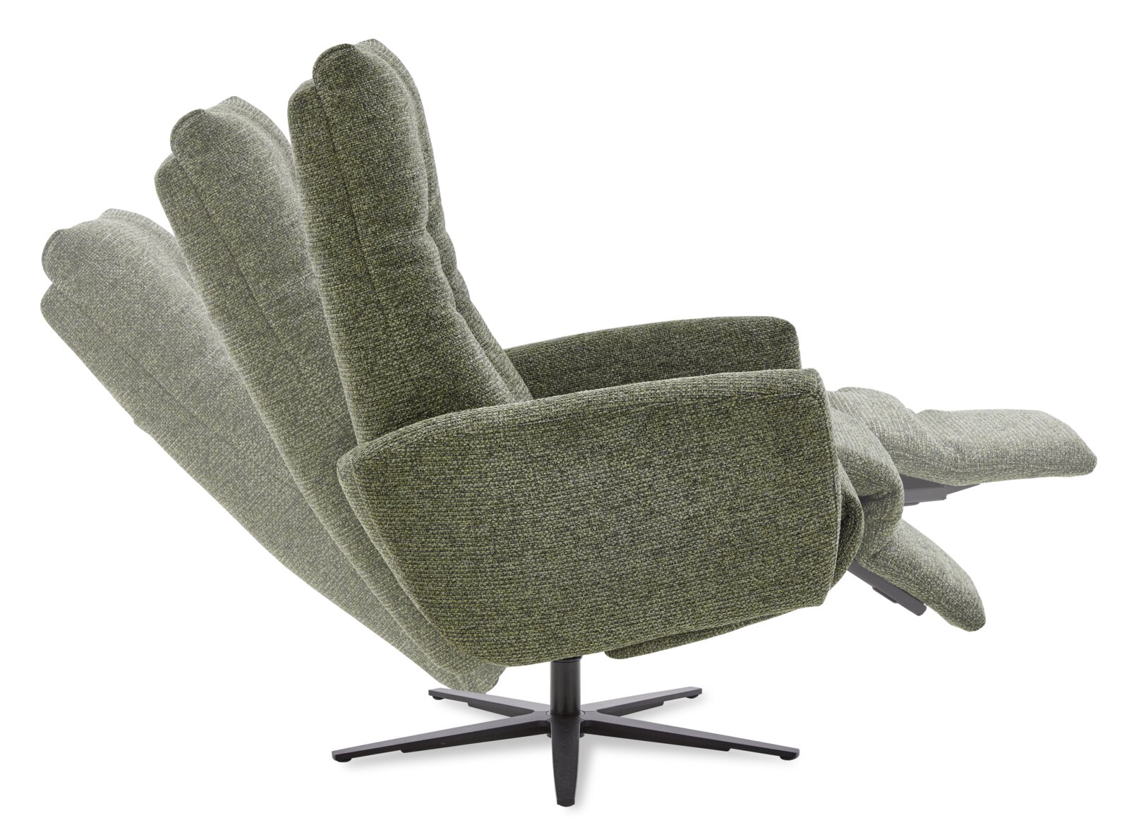 Groene relaxfauteuil in zijaanzicht met verstelbare rugleuning en voetsteun.