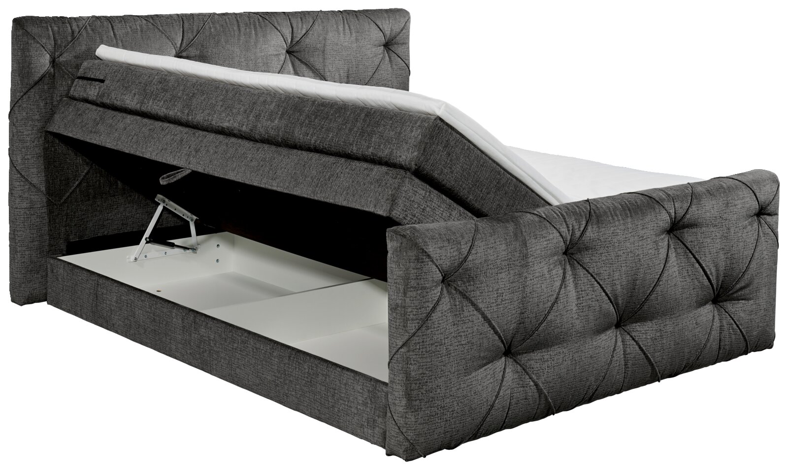 Boxspringbed met opklapbaar matras en opbergruimte, zijaanzicht
