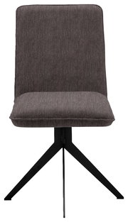 Moderner Stuhl mit grauem Stoffbezug und schwarzem Metallgestell, Frontalansicht