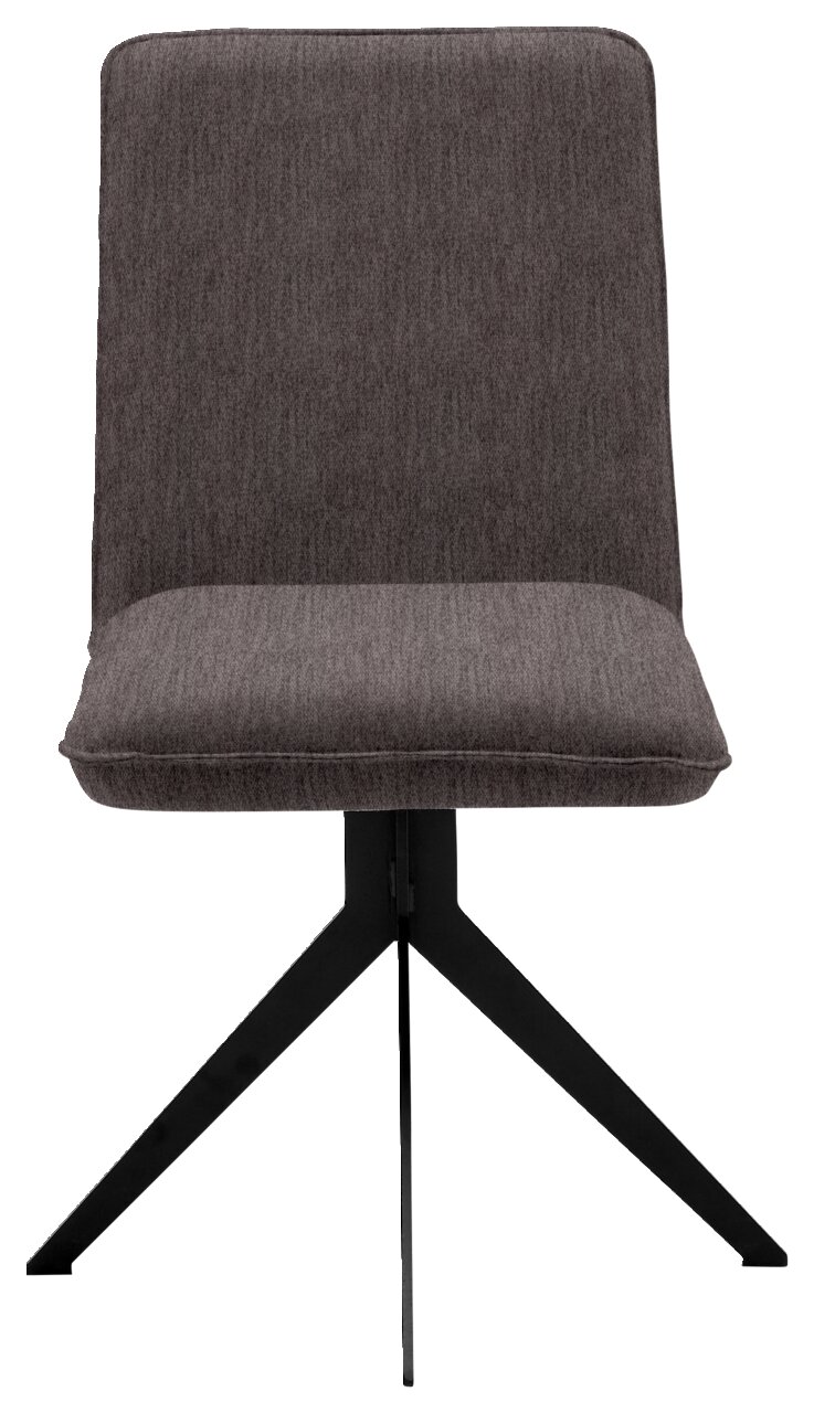 Moderner Stuhl mit grauem Stoffbezug und schwarzem Metallgestell, Frontalansicht