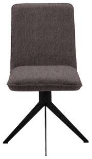 Moderne stoel met grijze stoffen bekleding en zwart metalen frame, vooraanzicht
