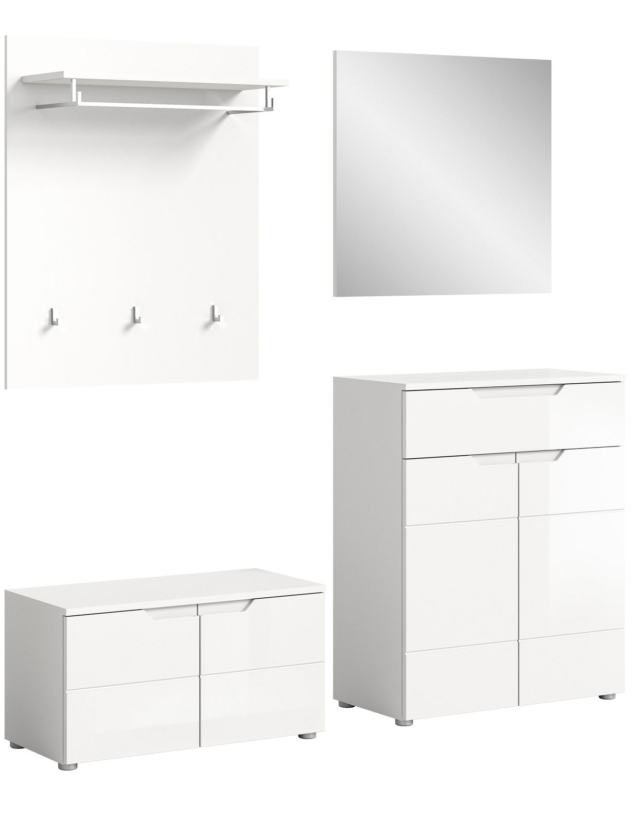 Moderne Garderobenkombination in Weiß, bestehend aus einem Wandpaneel mit Haken und Ablage, einem quadratischen Spiegel, einer niedrigen Kommode und einem hohen Schrank. Frontalansicht.