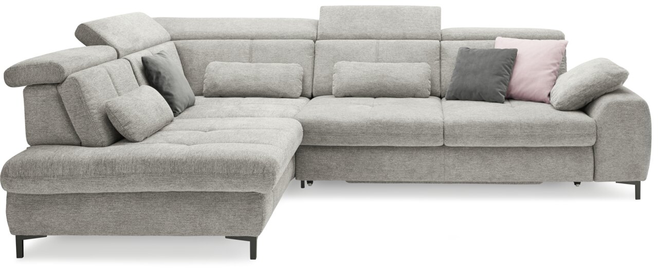 Graues Ecksofa mit verstellbaren Kopfstützen und mehreren Kissen, Perspektive von vorne links