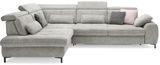 Graues Ecksofa mit verstellbaren Kopfstützen und mehreren Kissen, Perspektive von vorne links