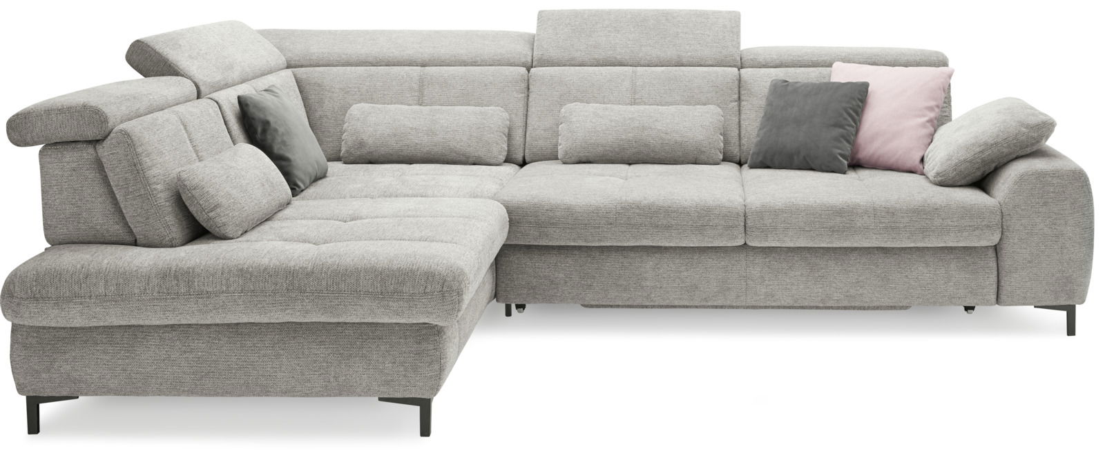 Graues Ecksofa mit verstellbaren Kopfstützen und mehreren Kissen, Perspektive von vorne links