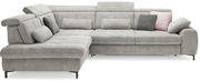 Graues Ecksofa mit verstellbaren Kopfstützen und mehreren Kissen, Perspektive von vorne links