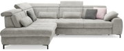 Graues Ecksofa mit verstellbaren Kopfstützen und mehreren Kissen, Perspektive von vorne links