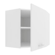 Weißer Hängeschrank mit geöffneter Tür, einem Einlegeboden und silbernem Griff, Ansicht schräg von vorne rechts