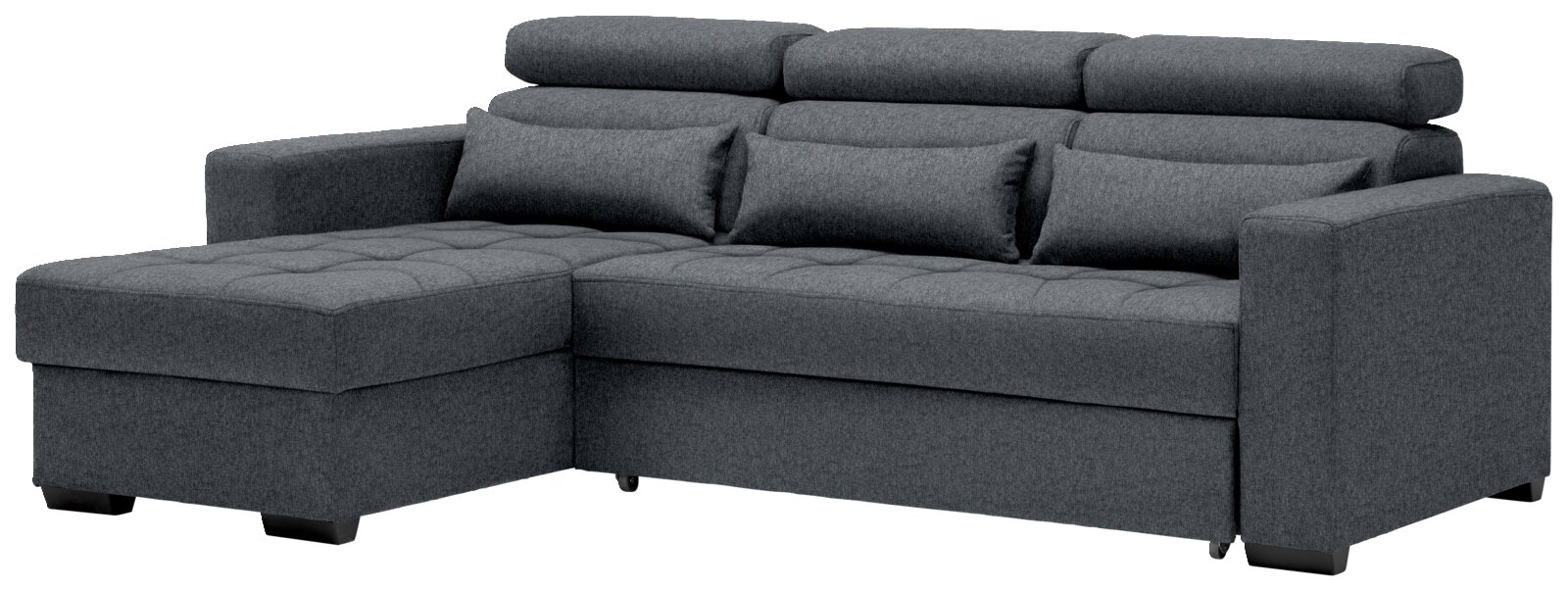 Graues Ecksofa mit Ottomane links, frontal betrachtet.