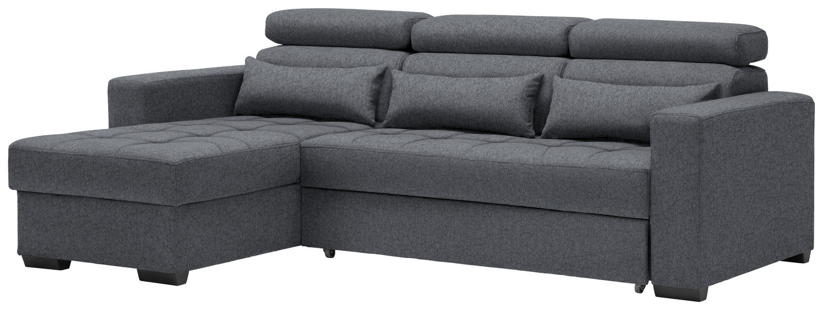 Graues Ecksofa mit Ottomane links, frontal betrachtet.