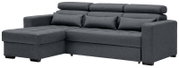 Graues Ecksofa mit Ottomane links, frontal betrachtet.