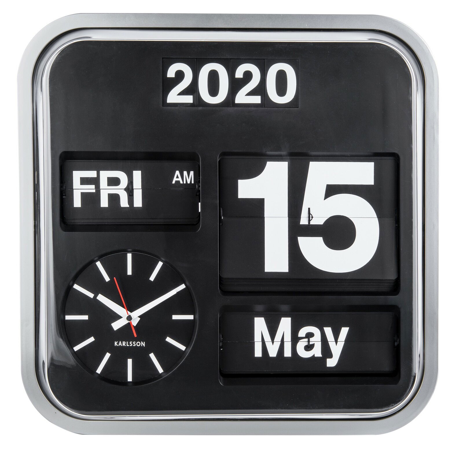 Quadratische Wanduhr mit Kalenderfunktion, zeigt Jahr, Wochentag, Uhrzeit und Datum, frontal abgebildet.