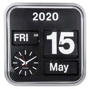 Quadratische Wanduhr mit Kalenderfunktion, zeigt Jahr, Wochentag, Uhrzeit und Datum, frontal abgebildet.